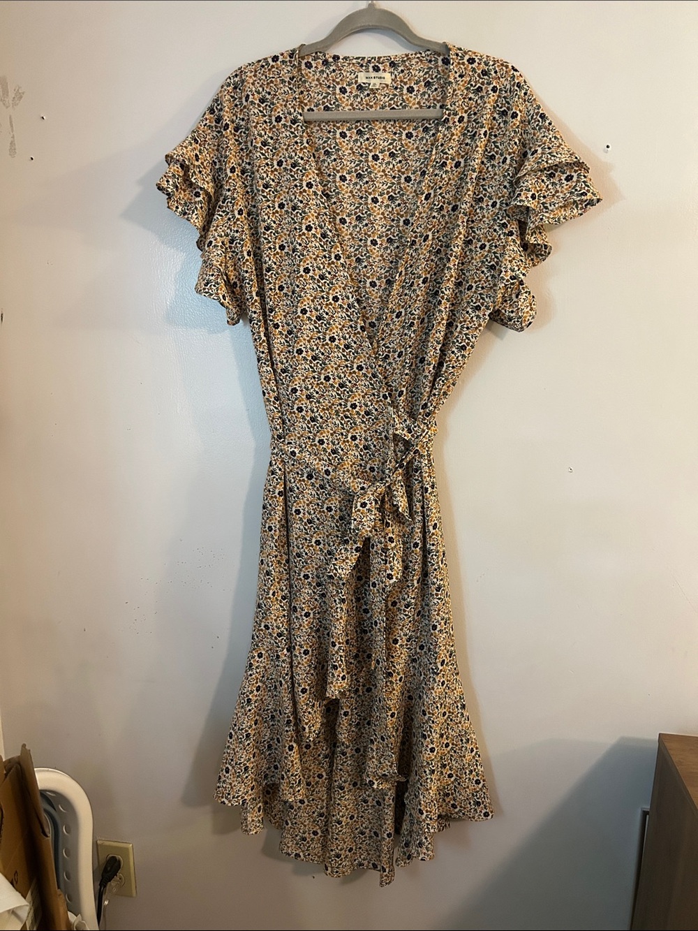 Max Studio Cream and Navy Floral Wrap Midi Dress